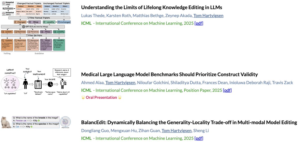 Tom Hartvigsen (@tom_hartvigsen) on Twitter photo Excited we have some papers accepted to <a href="/icmlconf/">ICML Conference</a> in collaborations with some tremendous folks 🎉
Looking forward to Vancouver to discuss model editing for LLMs/VLMs and improving medical benchmarking! Excited we have some papers accepted to <a href="/icmlconf/">ICML Conference</a> in collaborations with some tremendous folks 🎉
Looking forward to Vancouver to discuss model editing for LLMs/VLMs and improving medical benchmarking!