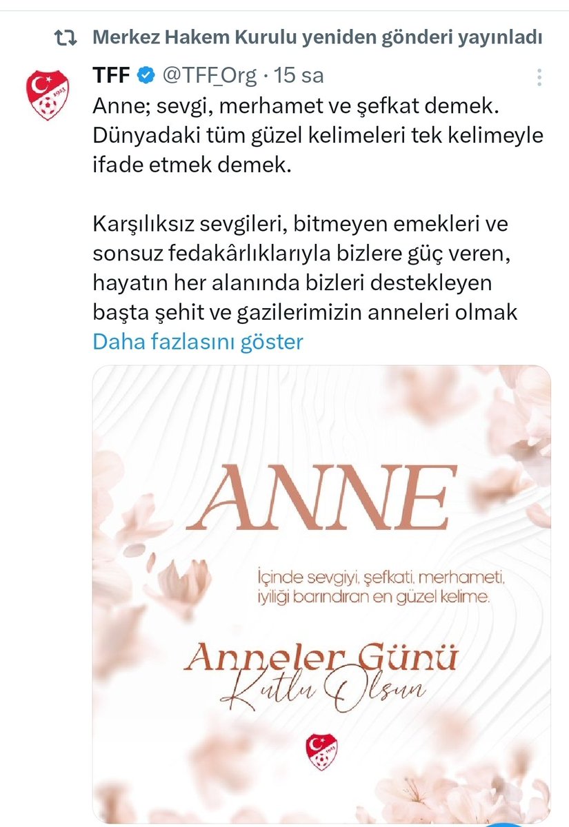 MHK, Anneler Günü'nü kutlamış!!!
O kadar özgün olmuşlar ki, TFF'nin gönderisini tekrar paylaşmışlar! Hayran kaldık doğrusu!!! 👏
Hamilelik sebebi ile FIFA listesinden çıkardığınız anne olan kadın hakemler Gamze Durmuş Pakkan ve Betül Nur Yılmaz Değermenci'nin Anneler Gününü