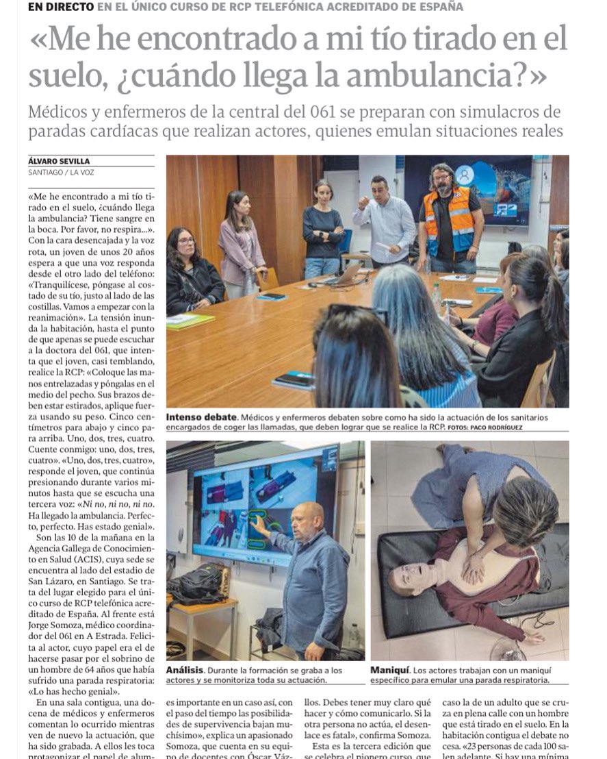 Único curso acreditado de RCP telefónica guiada desde #CCUES en toda España.
Cada vez más testigos realizan #RCP en Galicia hasta la llegada de los recursos sanitarios, gracias a actividades como esta
¡Qué orgullo de profesionales que siempre buscan la mejora continua!