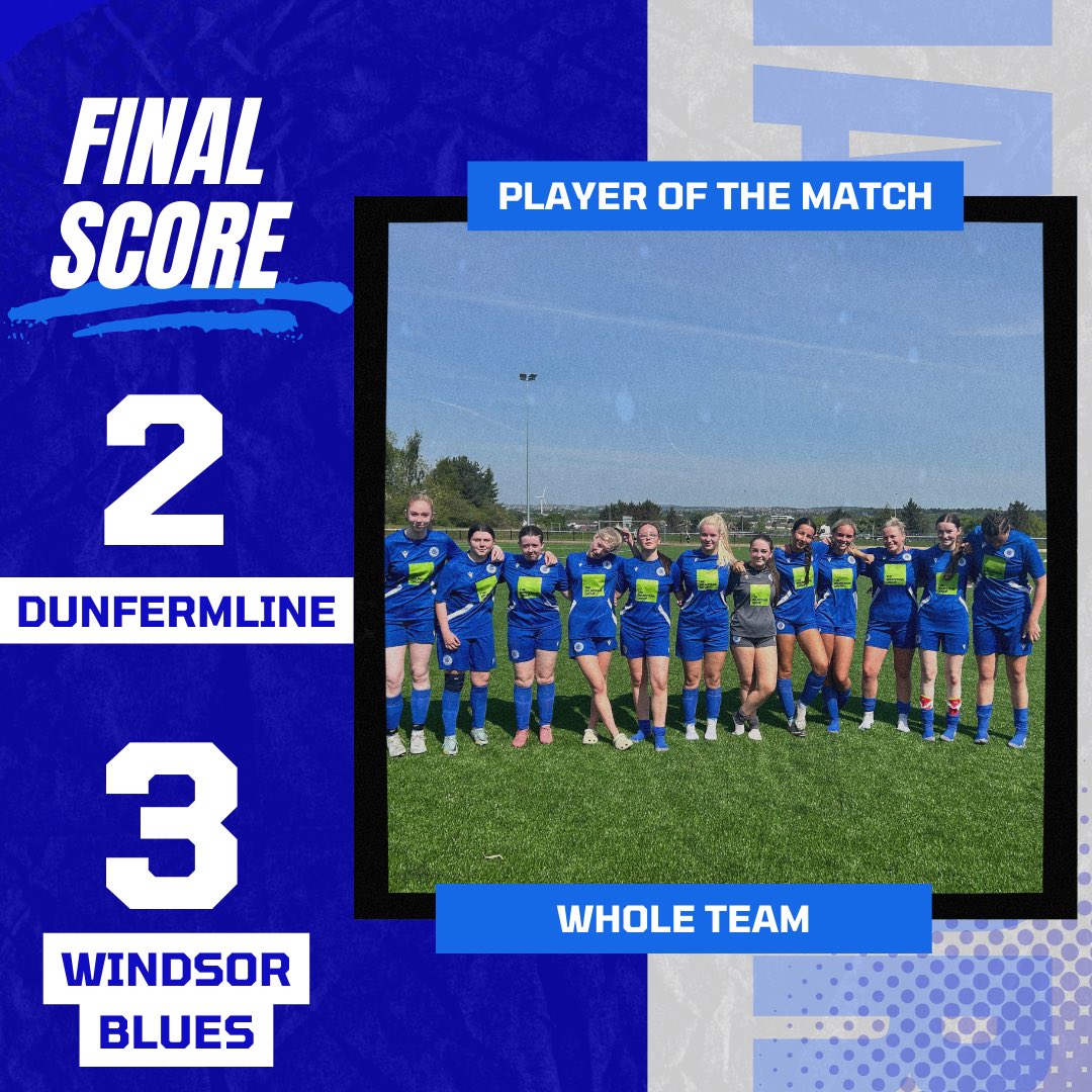 Full-time: Musselburgh Windsor U18s Blues 3-2 Dunfermline

A huge team shift today—every single player gave it their all from start to finish. Top team performance, and deservedly, the entire squad gets Player of the Match. Well done, girls! 💙