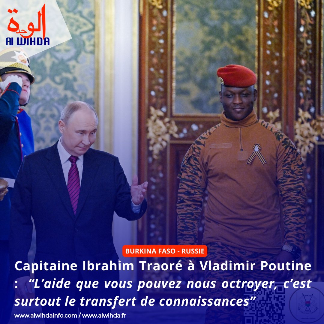 alwihdainfo's tweet image. Capitaine Ibrahim Traoré à Vladimir Poutine :  “L’aide que vous pouvez nous octroyer, c’est surtout le transfert de connaissances” #Faso #Russie