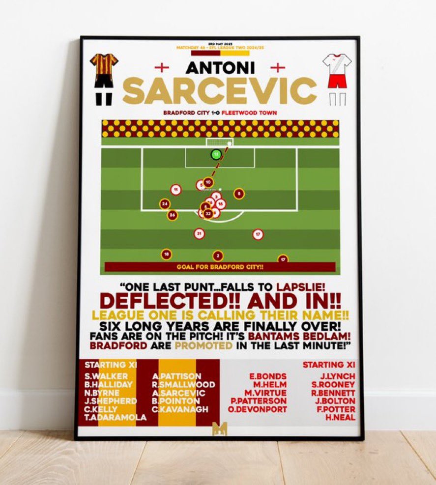 🎁 | COMPETITION TIME: 

BANTAMS ARE PROMOTED!🏆

We’ve partnered with <a href="/MezzalaDesigns/">𝗠𝗲𝘇𝘇𝗮𝗹𝗮</a> to giveaway Antoni Sarcevic’s Iconic Winner v Fleetwood Print on their site🔴🟠

How to enter: 

🔄RT this post 
✅Follow <a href="/PodcastChickens/">Chickens On The Loose (P)odcast</a> &amp; <a href="/MezzalaDesigns/">𝗠𝗲𝘇𝘇𝗮𝗹𝗮</a> 
🏷️Tag a Friend 

#BCAFC