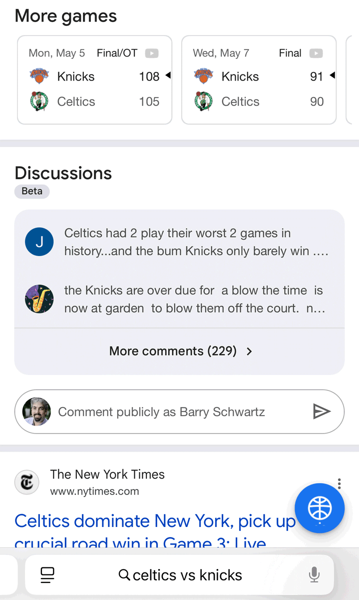 rustybrick's tweet photo. Google Search "Discussions" beta feature - a warning shot to Reddit?  https://t.co/kxleRijZ03 https://t.co/BB6ryya7Fo