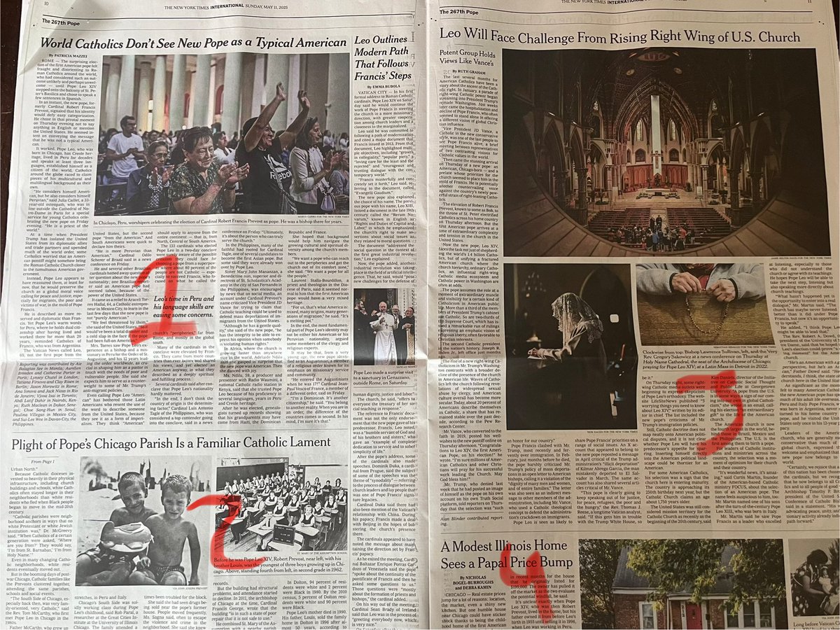 Wild spread on Leo XIV in the Sunday NYT.

1. Phew! He’s not one of the bad Americans. 
2. His family was a little racist for leaving the South Side for the suburbs.
3. The bad Americans are going to give him trouble. 
4. The current owners of the suburban house are cashing in.