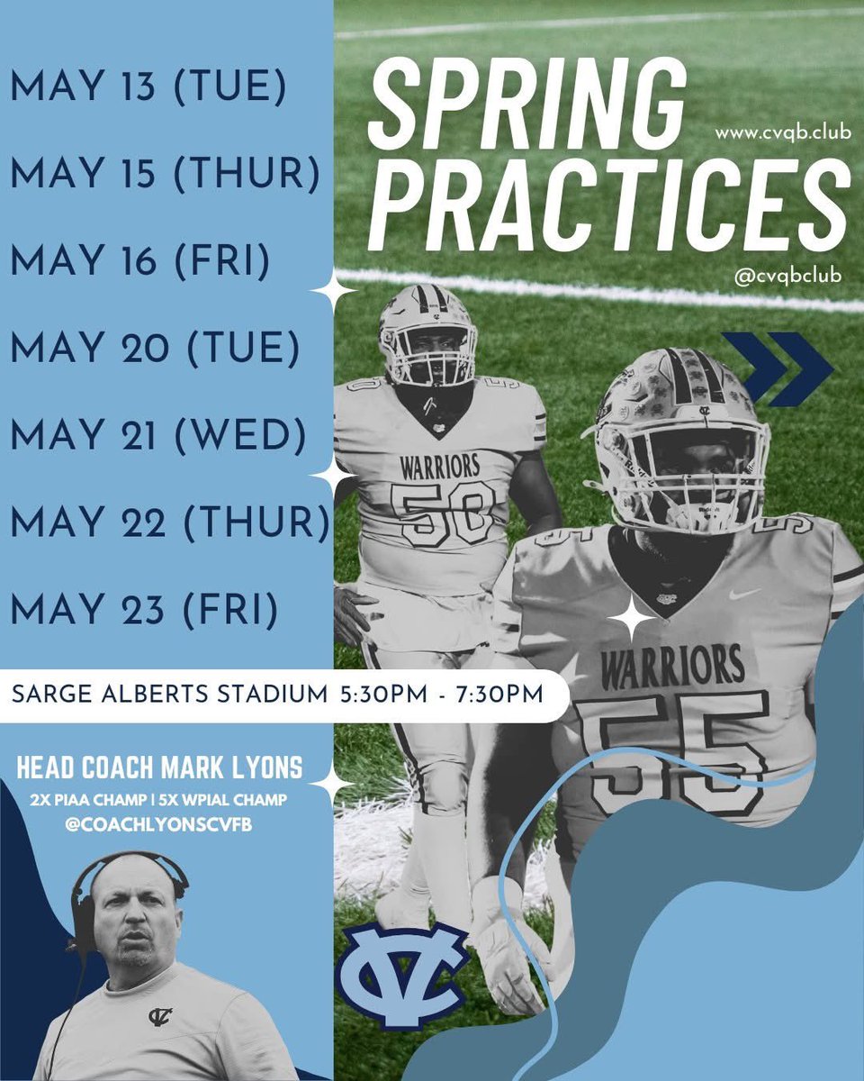 cvqbclub's tweet image. Reminder for All High School Players!
Spring practices start Tuesday at The Sarge!
Be ready to hit the field from 5:30–7:30 PM.
Let’s bring the energy and start the season strong!

#SpringPractice #HighSchoolFootball #TheSarge #SeasonPrep @CoachLyonsCVfb @warriors_cv