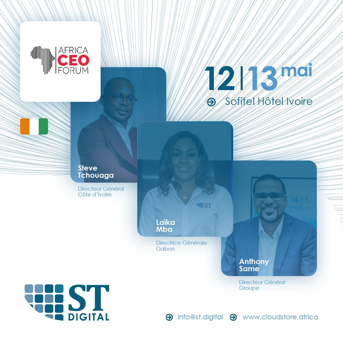 Les 12 et 13 mai, Abidjan accueille le <a href="/africaceoforum/">Africa CEO Forum</a>.

Deux jours de conférences, de débats et de réunions de haut niveau consacrés à mettre en lumière le rôle moteur du secteur privé dans le développement du continent. Et j’y serai ! <a href="/STDIGITAL_corp/">ST DIGITAL</a>