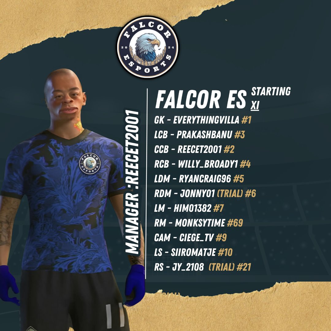 🚨TONIGHT'S FALCOR ESPORTS STARTING XI      

🗣️"Some NEW faces tonight for our BRFC tournament" 🏆

GFX <a href="/CiegeTv/">Ciege_tv</a> 

Make sure to follow <a href="/FalcorEsports/">FALCOR ESPORTS</a> 

<a href="/BRFCHub/">BRFC Hub</a> 

#VPGamers #EAFC25
