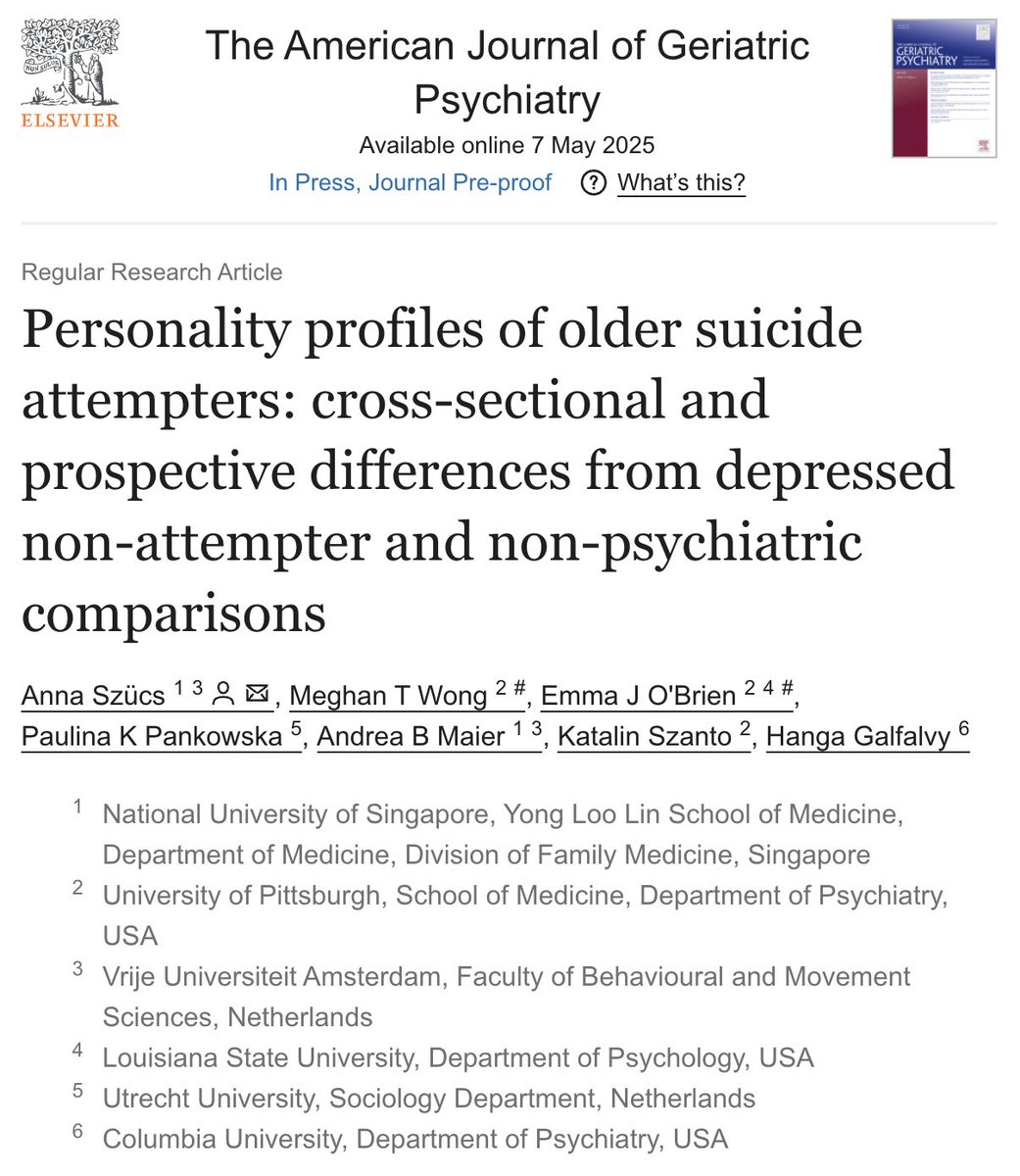 obrien_emj's tweet image. New article in press! 💥 We found 3 personality profiles of older adults who had attempted suicide, which differed from comparisons on key health/risk characteristics. Suicide prevention efforts and person-centered tx among older adults at risk are needed! doi.org/10.1016/j.jagp…