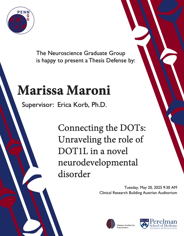 PennNGG's tweet image. #NGG is proud to present our next Thesis Defense given by Marissa Maroni of the @KorbLab! Please join us in person or virtually (DM us for the link) on 5/20. Best of luck, Marissa! #PhAlmostDone 🥳
