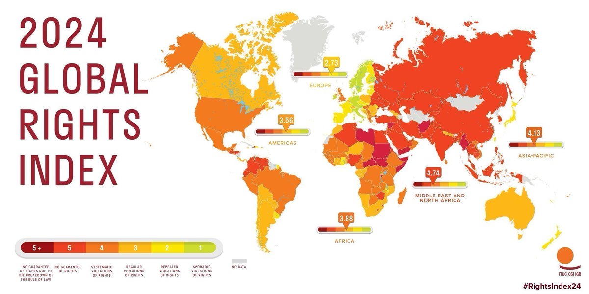 Global Rights Index 2024

The 10 Worst Countries for Working People

Bangladesh🇧🇩
Belarus🇧🇾
Ecuador🇪🇨
Egypt🇪🇬
Eswatini🇸🇿
Guatemala🇬🇹
Myanmar🇲🇲
Philippines🇵🇭
Tunisia🇹🇳
Türkiye🇹🇷

<a href="/ituc/">ITUC</a>