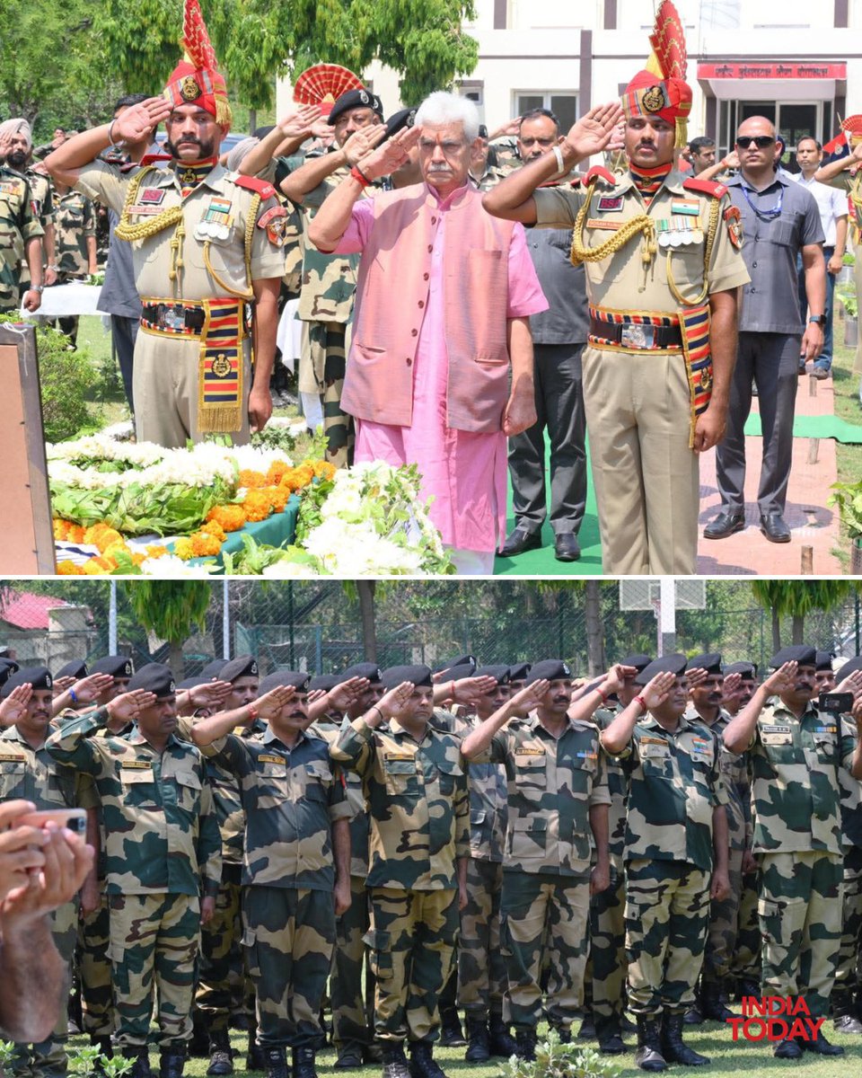 #InPics | Lieutenant Governor  Manoj Sinha paid solemn tribute to BSF Sub Inspector Md. Imteyaz, who laid down his life in the line of duty during unprovoked firing by Pakistan along the International Boundary in the R.S. Pura sector of Jammu.

#Jammu #BSF #MohammadImteyaz