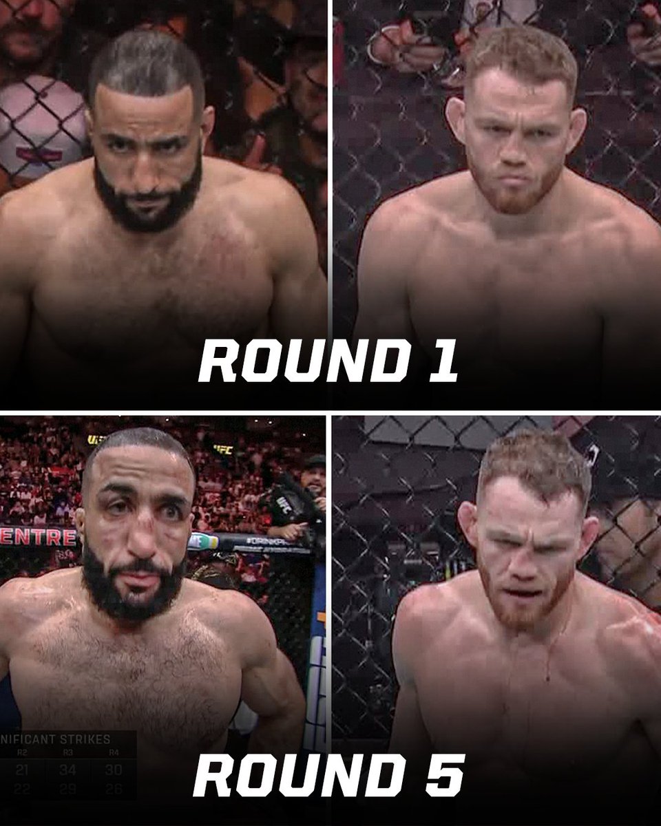 espn's tweet image. The difference between Belal Muhammad and Jack Della Maddalena from the first round to the last round of their title fight 🤯
They landed a combined 310 significant strikes on each other 💥 #UFC315