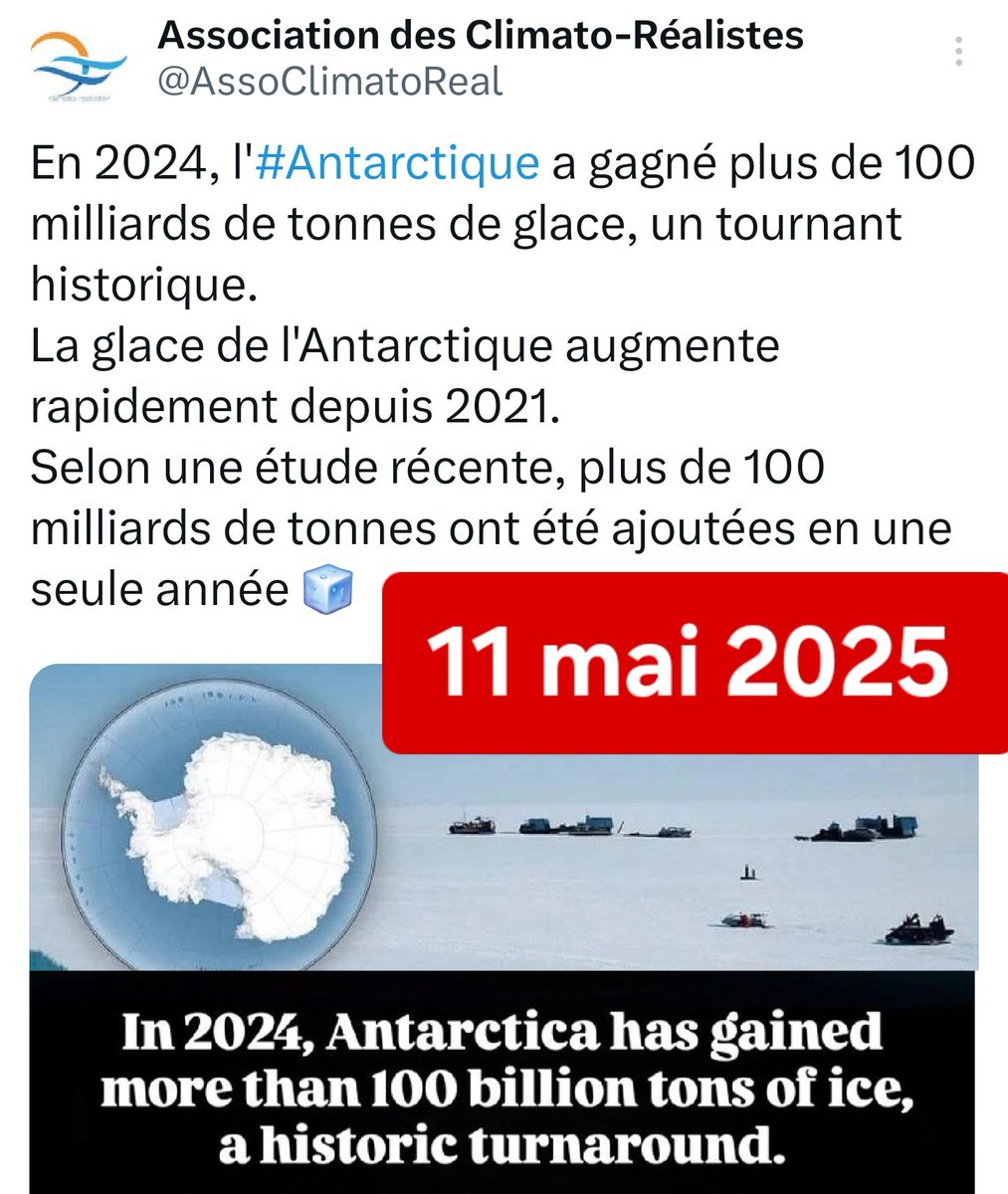 f_asselineau's tweet image. 🤡 LA DISPARITION DE LA GLACE
DE L'ANTARCTIQUE A DISPARU
🌞 mai 2021
«Au rythme actuel,la fonte de l'Antarctique pourrait connaître une accélération brutale et irréversible d'ici 2060»
🧊 mai 2025
La glace de l'Antarctique augmente vite depuis 2021 et de +100 Mds tonnes en 2024 !