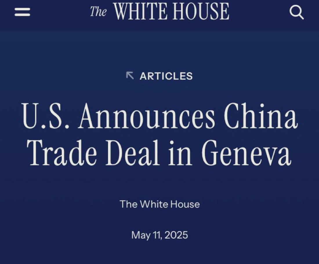 BREAKING: U.S. just announced a China trade deal in Geneva. May 11, 2025. No leaks, no tweets, just straight to the point. Global markets about to react. 

Watch semis, industrials, rare earths, and anyone selling shovels to the gold rush.

My take?

Trade war headlines are like