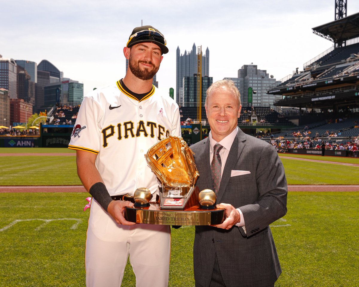 Pirates's tweet image. Today, we’re proud to recognize Jared Triolo for his defensive performances throughout the 2024 season, which earned him his first Rawlings Gold Glove Award!

Congratulations on your golden achievement last season, Tri!
