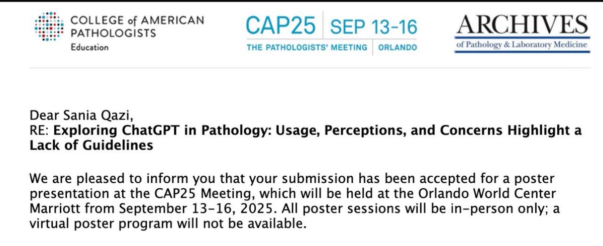 Sania Qazi (@saniaqazi10) on Twitter photo So excited to share our abstract has been accepted for #CAP2025 looking forward to showcasing our research exploring AI use in pathology. Excited to see everyone in Orlando this September! <a href="/MeredithKHerman/">Meredith Herman, DO</a> <a href="/SeanHacking/">Sean Hacking</a> <a href="/KMirza/">Kamran Mirza MD PhD - کامران مرزا</a> <a href="/Path_Matt/">Matthew Cecchini MD PhD FRCPC</a>
#CAP25 #PathTwitter #pathX #Digital_path So excited to share our abstract has been accepted for #CAP2025 looking forward to showcasing our research exploring AI use in pathology. Excited to see everyone in Orlando this September! <a href="/MeredithKHerman/">Meredith Herman, DO</a> <a href="/SeanHacking/">Sean Hacking</a> <a href="/KMirza/">Kamran Mirza MD PhD - کامران مرزا</a> <a href="/Path_Matt/">Matthew Cecchini MD PhD FRCPC</a>
#CAP25 #PathTwitter #pathX #Digital_path