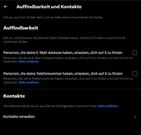 Erstmal eine Sofortmaßnahme wegen der Doxxing-Welle um euch zu schützen. Teilt das.

Nehmt die Haken an der Stelle raus.
Wenn ihr über Email-Adresse auffindbar seid, besteht die Möglichkeit andersrum eure Email-Adresse über euren Account rauszufinden mit entsprechenden