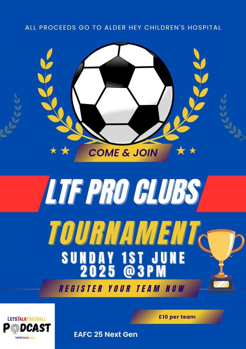We will be running a FC25 Pro Clubs tournament to raise money for Alder Hey Children’s hospital 

If you would like to enter your team please drop a DM 

The tournament will be streamed on Twitch someone from your team must stream your games