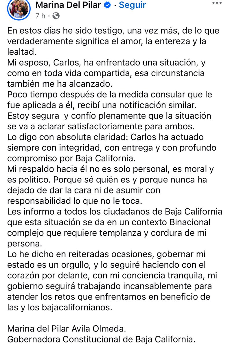azucenau's tweet photo. 🚨Gobernadora de Baja California y su esposo se quedan sin visas de EU

- Marina del Pilar Ávila, gobernadora de BC, y su esposo Carlos Torres, informaron que el gobierno de Estados Unidos les revocó sus visas. 

- Torres aclaró que se trata de una medida administrativa sin relación con acusaciones o investigaciones legales, y que ya buscan asesoría para revertirla o tramitar una nueva visa.