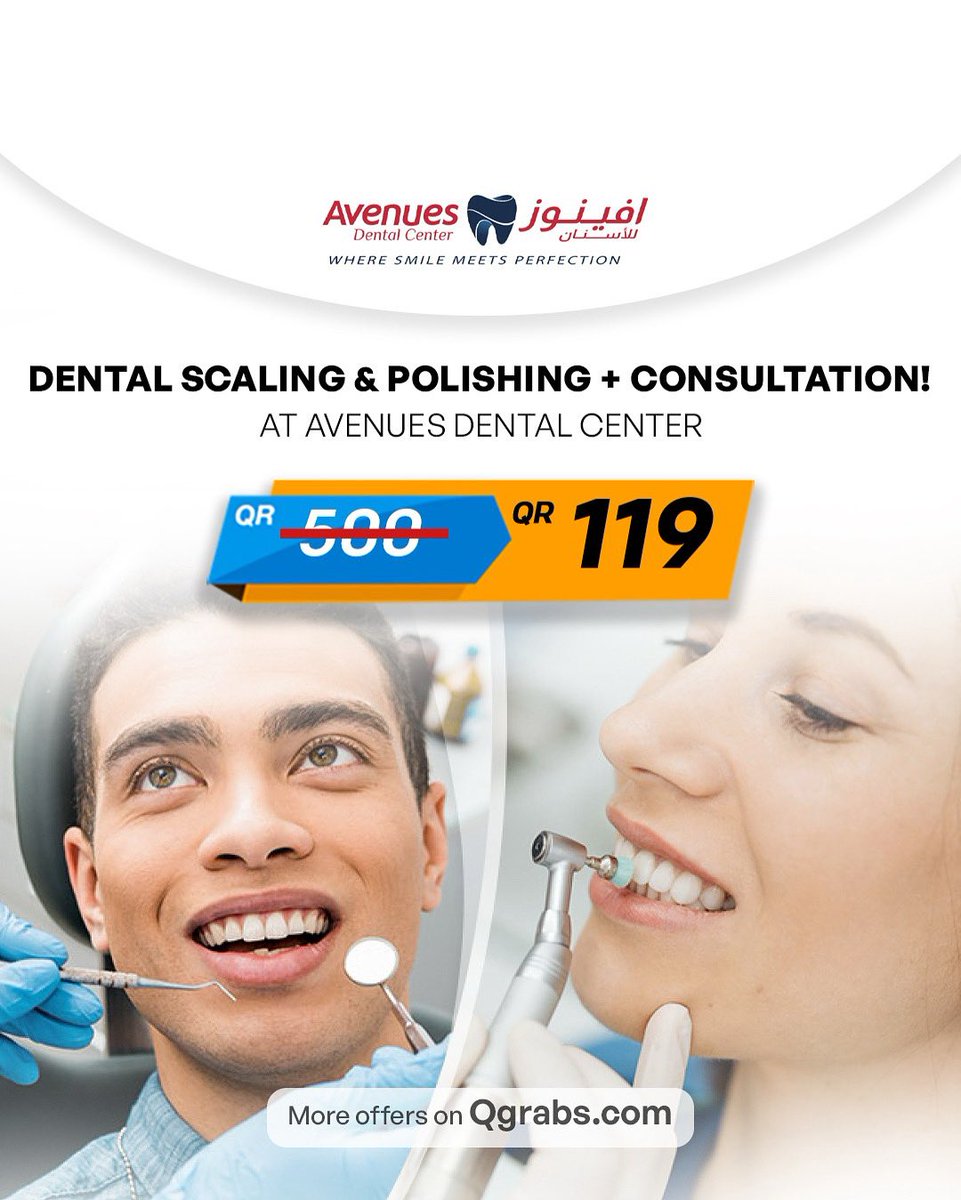 🦷 Sparkle with Every Smile!
Get dental scaling, polishing &amp; consultation from just QR 119! Keep your teeth healthy &amp; clean – because your smile deserves it. 😁
👉 Limited-time offer on Qgrabs!
