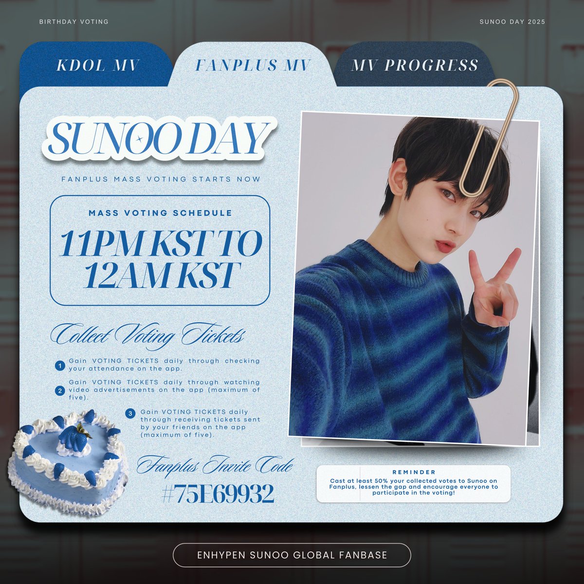 🗳️ | 250511 • FANPLUS

MASS VOTING STARTS NOW! 🔥

Cast your collected votes to Sunoo, lessen the gap and encourage everyone to join the mass voting! 💪🏻

🎯 Goal: Rank 1 or 2
📊 Current Rank: #3 🚨

Log in here to get extra +1,000 VTs 👇🏻
🖇️: fanplus.co.kr/en/votes/412/

INVITE CODE: