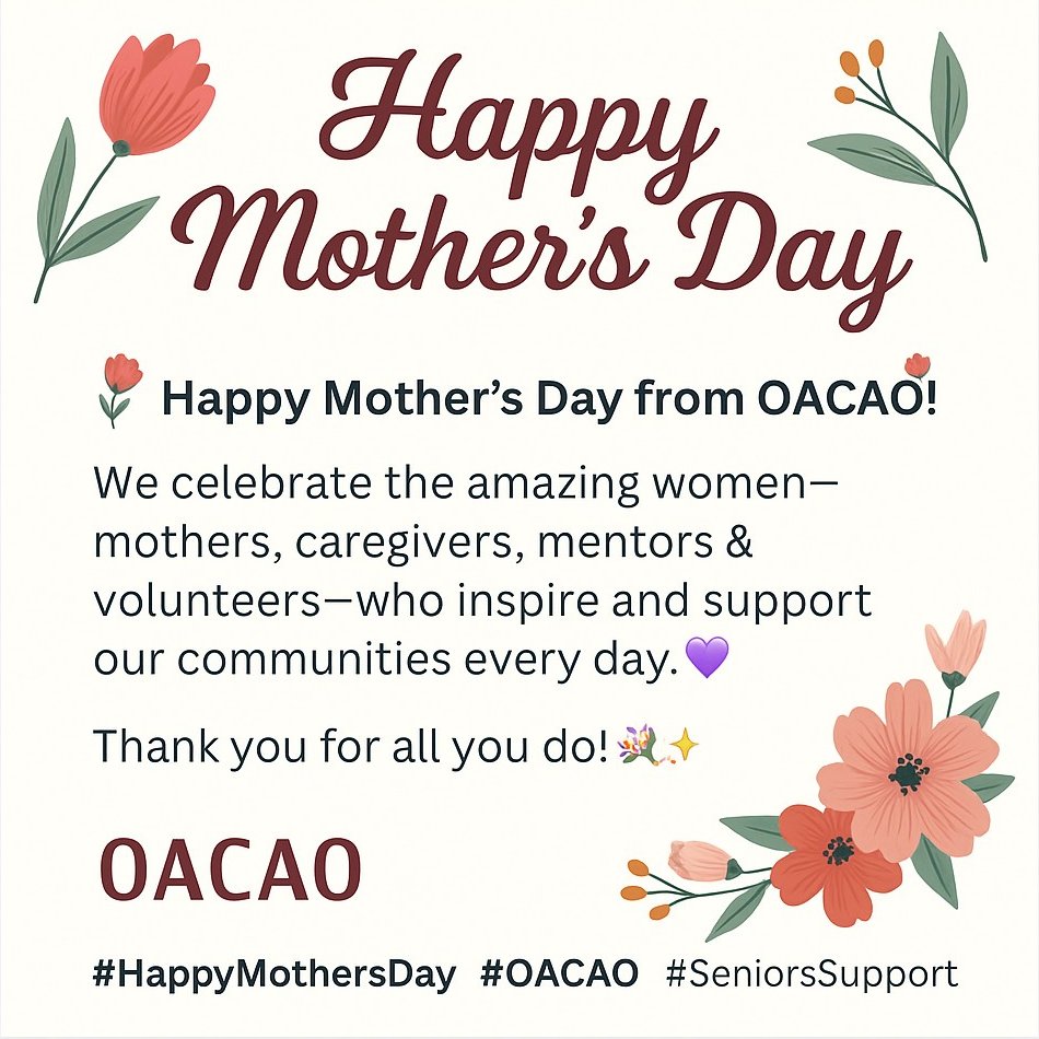 TheOACAO's tweet image. ๐ท Happy Motherโs Day from your friends at OACAO! ๐ท
Celebrating the mothers, grandmothers, caregivers & mentors who inspire & support our centres and communities every day. ๐ Thank you for all you do! ๐โจ
#HappyMothersDay #OACAO #AgingWell