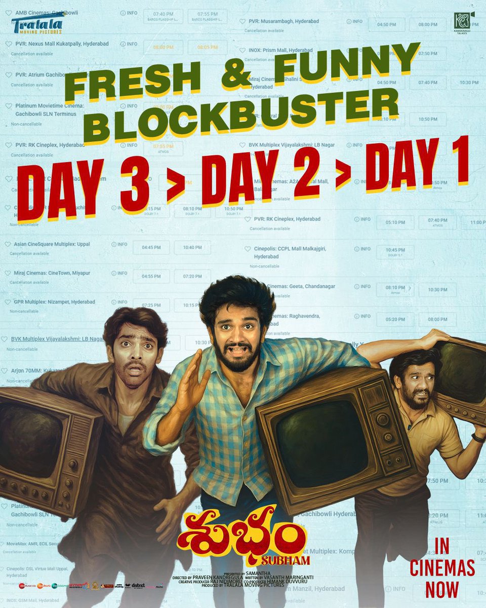 Mythri Movie Distributors LLP (@mythrirelease) on Twitter photo #ChachinaChoodalsindey...Chusthunnaru kuda! ✨
The footfalls keep increasing day by day for #Subham - a Fresh & Funny Blockbuster.
Book your tickets for #Subham now! 🎟 bit.ly/TicketsToSubham
Nizam release by <a href="/MythriRelease/">Mythri Movie Distributors LLP</a>
<a href="/TralalaPictures/">Tralala Moving Pictures</a> <a href="/Samanthaprabhu2/">Samantha</a> #ChachinaChoodalsindey...Chusthunnaru kuda! ✨
The footfalls keep increasing day by day for #Subham - a Fresh & Funny Blockbuster.
Book your tickets for #Subham now! 🎟 bit.ly/TicketsToSubham
Nizam release by <a href="/MythriRelease/">Mythri Movie Distributors LLP</a>
<a href="/TralalaPictures/">Tralala Moving Pictures</a> <a href="/Samanthaprabhu2/">Samantha</a>