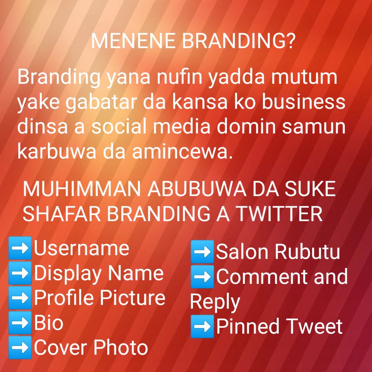 Web3Curiosity's tweet image. Branding yana nufin yadda mutum yake ampani da sunansa, hotonsa, tsarin rubutunsa da yadda yake mu&apos;amala da jama&apos;a (Comment and reply) domin samun sanayya, amincewa da kuma karbuwa.

#Web3 #ProfitGrowth #ProfitStrategy