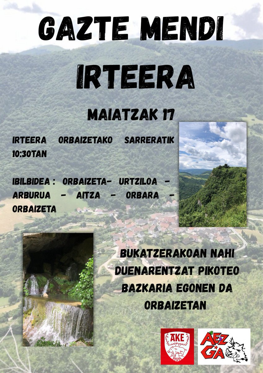 AezGA's tweet photo. Larunbat honetan mendi martxa ⛰️ 
Orbaizetatik hasita ibilbide zirkularra eginen dugu, orbaran bermoutha 🍸 hartu eta orbaizetara bueltan pikoteo bazkaria izanen dugu. 
Anima zaitezte parte hartzera eta goiz polit bat pasatzera gure txoko berezi hauetatik 🍃 https://t.co/RlDmQIQ3ZQ