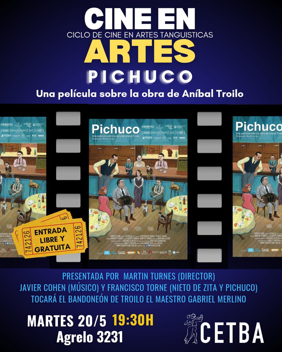 Martín Turnes (@martinturnes) on Twitter photo 📽️ Función de PICHUCO en CABA, una película de <a href="/martinturnes/">Martín Turnes</a> sobre la obra de <a href="/anibaltroilo/">anibaltroilo</a> !!!
👋🏼 Con Francisco Torné (nieto), Javier Cohen (músico) y Martín Turnes (director).
Ciclo de Cine en Artes Tanguisticas
🎥 PICHUCO
🎦 Martes 20/5
🕢19:30
📍Agrelo 3231 CETBA
🎟️ Gratis 📽️ Función de PICHUCO en CABA, una película de <a href="/martinturnes/">Martín Turnes</a> sobre la obra de <a href="/anibaltroilo/">anibaltroilo</a> !!!
👋🏼 Con Francisco Torné (nieto), Javier Cohen (músico) y Martín Turnes (director).
Ciclo de Cine en Artes Tanguisticas
🎥 PICHUCO
🎦 Martes 20/5
🕢19:30
📍Agrelo 3231 CETBA
🎟️ Gratis
