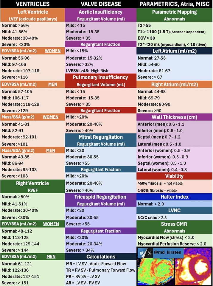 ZHeart11768530's tweet image. 🔴Mastering #CardiacMRI⤵️ 

🔹Mastering #CardiacMRI is no small feat! To help you tackle the steep learning curve, see this cheat-sheet of common normal &amp;amp; abnormal values in #CMR 🫀✨

 #Cardiology #FOAMed #MedEd #medstudent #paramedic #Cardiology #CardioEd #medtwitter