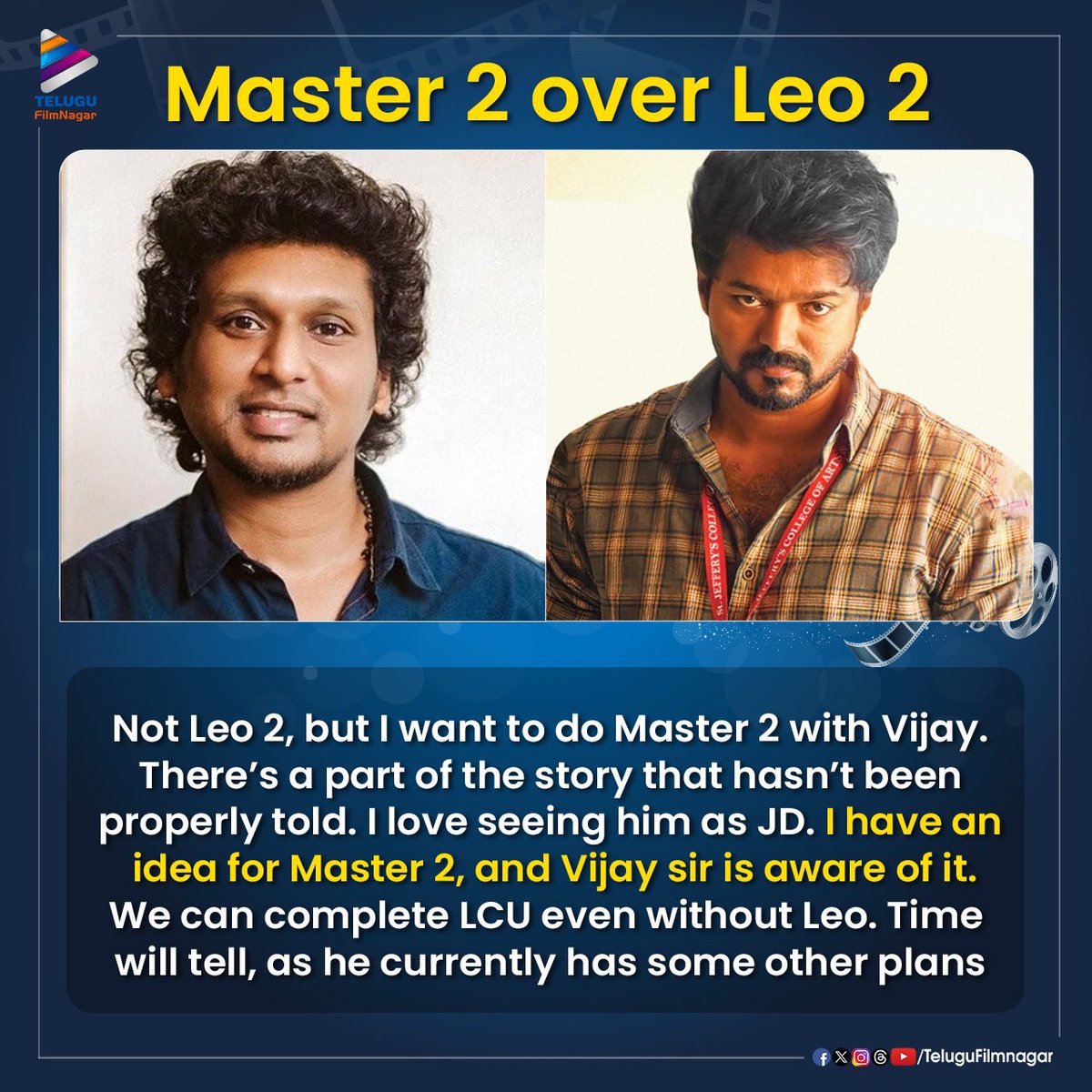 telugufilmnagar's tweet image. #LokeshKanagaraj reveals his idea for a new project with #ThalapathyVijay!🔥

#Master2 #LEO2 #TeluguFilmNagar