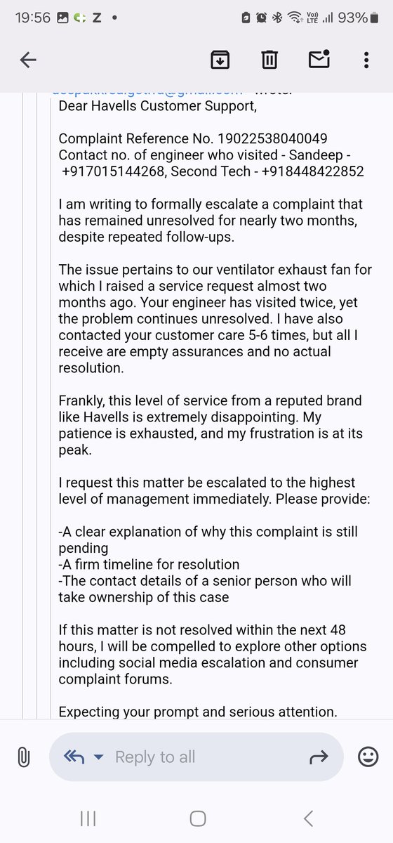 Deepaksal's tweet photo. @havellsindia @HavellsCare360 @HavellsUK @Havells_USA @AnilRaiGupta Team, I am completely frustrated with Havells as chasing you for 2 months to just fix a ventilator fan. While chasing you another one gone down so 2 our of 4 fans Re already faulty with no solutions from your end https://t.co/yild1wWtwv
