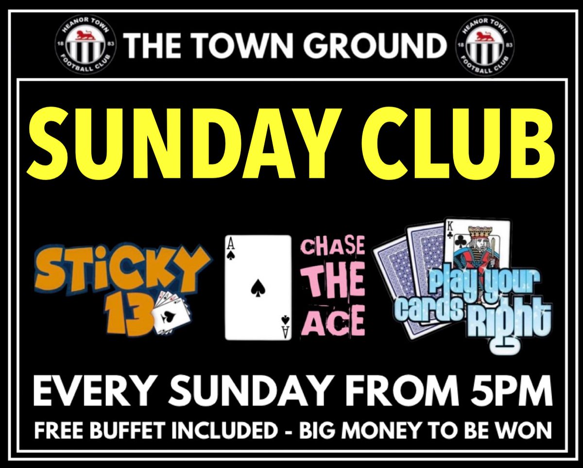 💷SUNDAY CLUB

1️⃣3️⃣Sticky 13
♠️Chase the ace
🃏Play your cards right

🥪Free buffet included 
💷Big money to be won

⌚️From 5pm