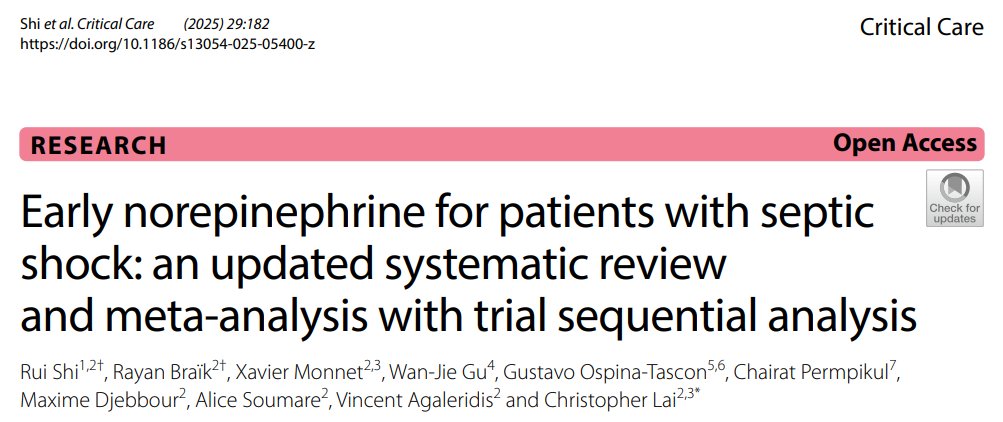 Lai Christopher (@laichristopher2) on Twitter photo 🚨 "Early norepinephrine in #septic shock: SRMA" <a href="/Crit_Care/">Critical Care</a>
✅↓D28 mortality ✅↓fluids ✅Faster MAP stabilization 🛡️Safe & effective 🔍Trial sequential analysis : more RCTs still needed to confirm
Big thanks to my co-authors! <a href="/shiruimaya/">Rui SHI</a> <a href="/Prof_XMonnet/">Xavier Monnet</a>
🔗rdcu.be/ek2Uz 🚨 "Early norepinephrine in #septic shock: SRMA" <a href="/Crit_Care/">Critical Care</a>
✅↓D28 mortality ✅↓fluids ✅Faster MAP stabilization 🛡️Safe & effective 🔍Trial sequential analysis : more RCTs still needed to confirm
Big thanks to my co-authors! <a href="/shiruimaya/">Rui SHI</a> <a href="/Prof_XMonnet/">Xavier Monnet</a>
🔗rdcu.be/ek2Uz
