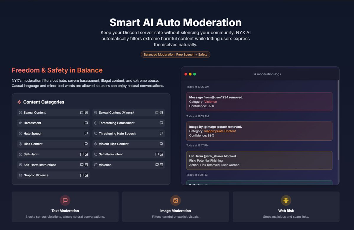 NyxAIProject's tweet image. Rule enforcement without the headaches.
NYX scans text, images, and behavior in real time.
 Smart actions. Custom triggers. Zero tolerance.
Stay in control—effortlessly.
#NyxBot #AIModeration #Discord #DiscordBot