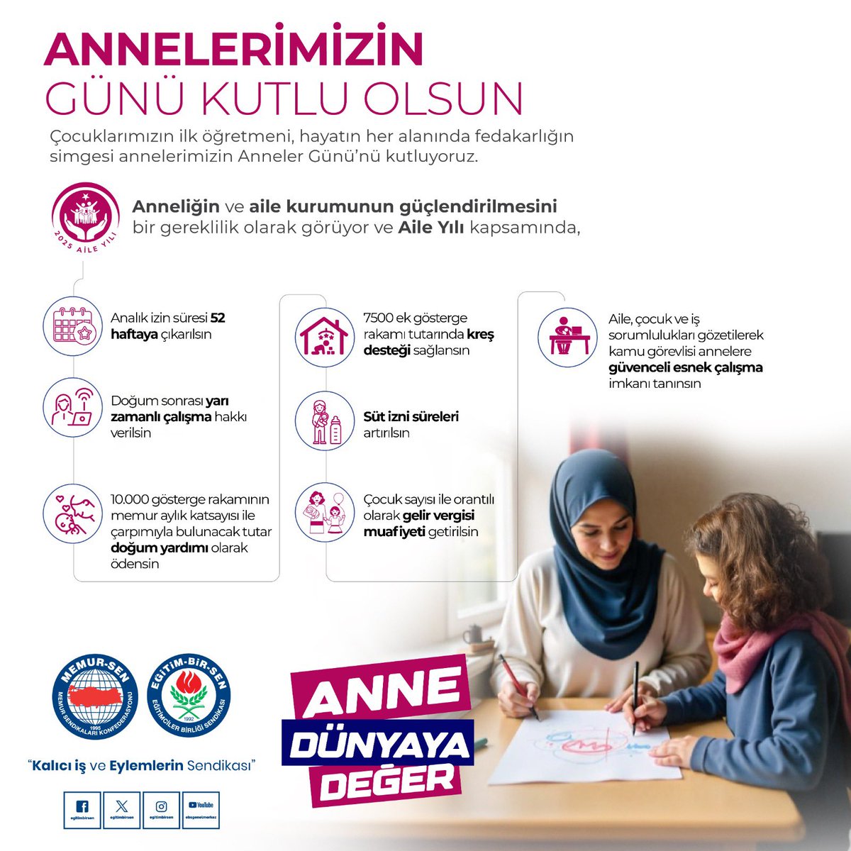 Annelerimizin ve aile kurumunun güçlendirilmesini bir gereklilik olarak görüyor; 2025 Aile Yılı kapsamında kamu çalışanı annelerimizin haklarının iyileştirilmesi yönündeki taleplerimizin hayata geçirilmesini bekliyoruz.

Bu özel günde, kamu çalışanı annelerimiz unutulmasın.