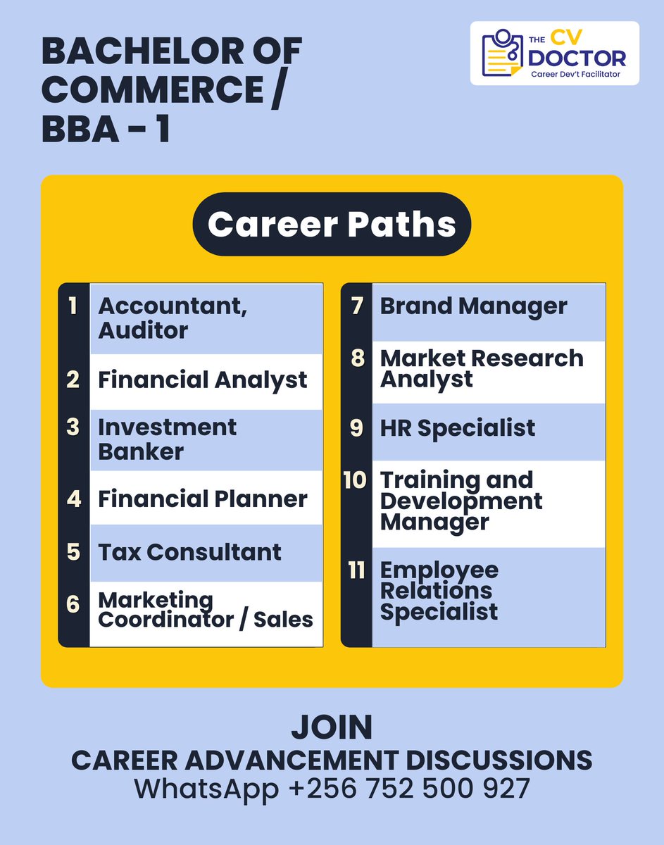 Driving business success with strategy and insight, your BCom/BBA degree equips you with skills in finance, management, and entrepreneurship. Let your CV showcase your leadership and business acumen. 📊📈 #BusinessCareers #BBA #CommerceGraduates #JobSearch