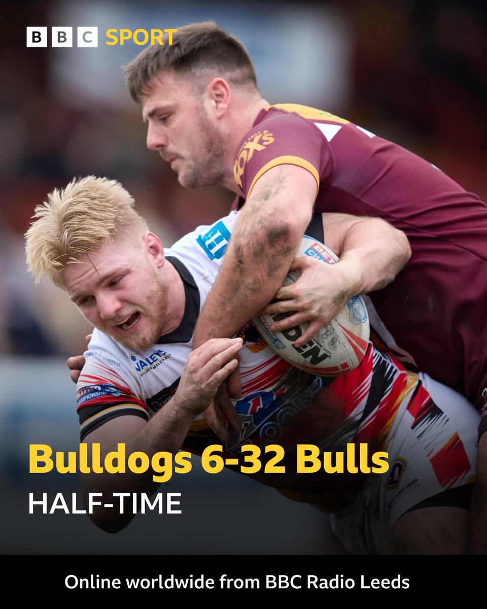 BBC Sport West Yorkshire (@bbcwys) on Twitter photo โฑ HALF-TIME!
๐ <a href="/BatleyRLFC/">Batley Bulldogs RLFC</a> 6-32 <a href="/OfficialBullsRL/">Bradford Bulls</a>
๐ Hear second half commentary with <a href="/GrahamC41/">Graham Colley</a> & Barry Eaton
๐ Online worldwide from <a href="/BBCLeeds/">BBC Leeds</a> on all connected devices
๐ง tinyurl.com/3ukd344m โฑ HALF-TIME!
๐ <a href="/BatleyRLFC/">Batley Bulldogs RLFC</a> 6-32 <a href="/OfficialBullsRL/">Bradford Bulls</a>
๐ Hear second half commentary with <a href="/GrahamC41/">Graham Colley</a> & Barry Eaton
๐ Online worldwide from <a href="/BBCLeeds/">BBC Leeds</a> on all connected devices
๐ง tinyurl.com/3ukd344m