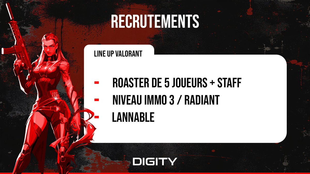 📢| Annonce

Digity recrute une équipe Valorant ! Si vous êtes intéressé, venez nous rejoindre ! 😉

▶️discord.gg/HzV7f2esBH

 🔴#Digity #Valorant #RecrutementEsport ⚫️