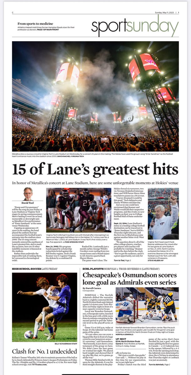 Jami Frankenberry (@jamivp) on Twitter photo Today in print and the e-edition of The Virginian-Pilot and Daily Press:
-<a href="/LHRubama/">Larry Rubama</a> (on A1!) on three former athletes whose drive and discipline led them to become doctors.
-<a href="/ByDavidTeel/">David Teel</a> on the #hokiesā greatest hits in honor of Metallica rocking Lane Stadium. Today in print and the e-edition of The Virginian-Pilot and Daily Press:
-<a href="/LHRubama/">Larry Rubama</a> (on A1!) on three former athletes whose drive and discipline led them to become doctors.
-<a href="/ByDavidTeel/">David Teel</a> on the #hokiesā greatest hits in honor of Metallica rocking Lane Stadium.