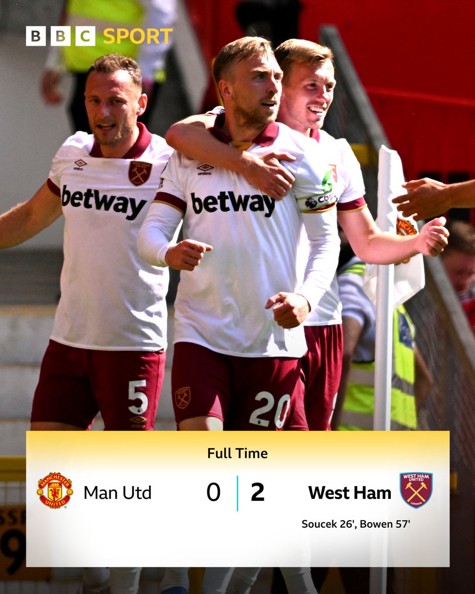 BBCSport's tweet image. West Ham leapfrog Man Utd with a comfortable away win at Old Trafford 🛠️

#MUNWHU #MUFC #WHUFC
