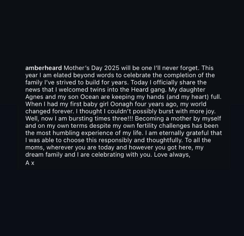 Amber Heard shares she welcomed twins, Agnes and Ocean 🩵