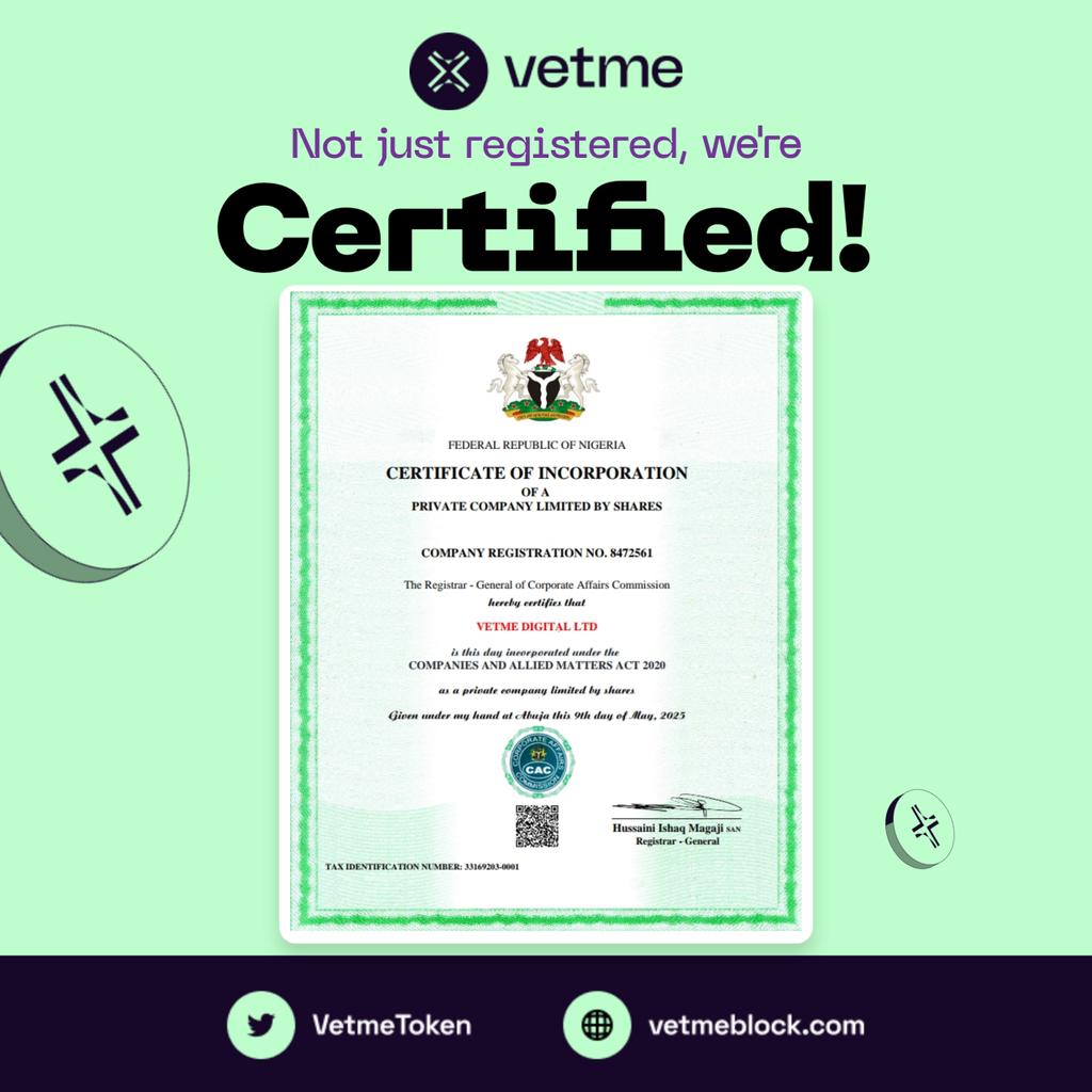 We are thrilled to share that VetMe Digital Ltd is now officially registered to operate in Nigeria! Our company certification has been successfully processed, marking an exciting new chapter for us.

Up next, we're moving forward with Nigerian Financial Intelligence Unit (NFIU)