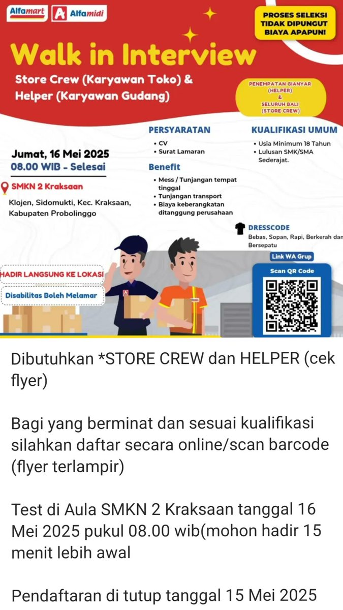 GoProbolinggo's tweet image. Sentuh foto utk perbesar: Lowongan Terbaru Karyawan Toko dan Karyawan Gudang di Alfamart/Alfamidi, ditutup tanggal 15 Mei 2025. Tes tanggal 16 Mei 2025 di Aula SMKN 2 Kraksaan.