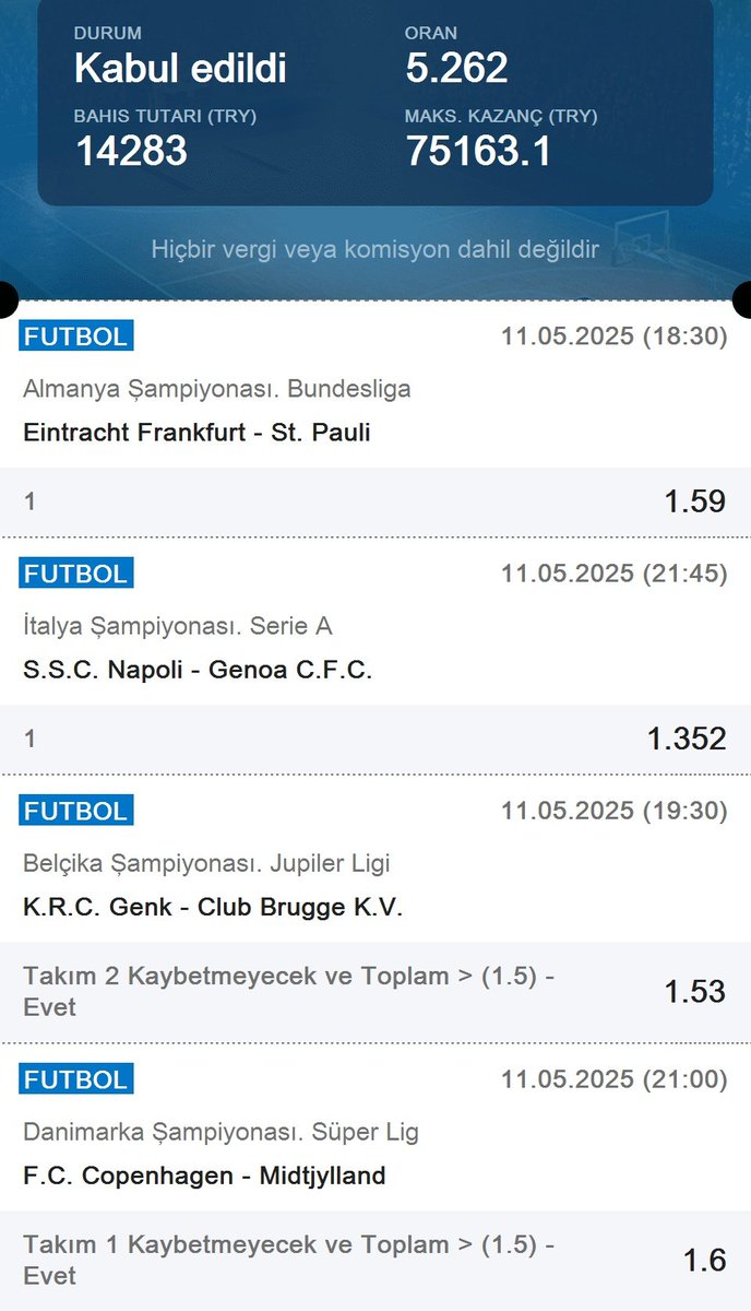 Günün Kuponu🔥

5X ---&gt; 75.000 TL

Telegram'da canlı tahminlerle aktif olacağız katılmayı unutmayın.