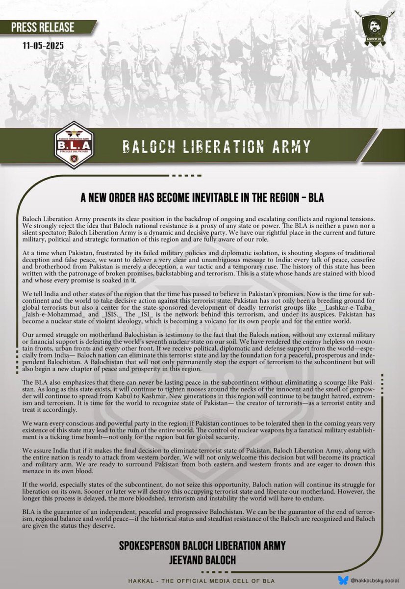 visegrad24's tweet image. The Baloch Liberation Army (BLA) issues a statement:
“We assure India that if it makes the final decision to eliminate terrorist state of Pakistan, BLA, is ready to attack from western border. We will not only welcome this decision but will become its military arm”