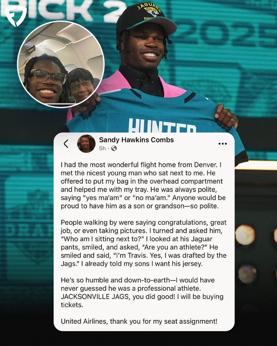 FanDuel's tweet image. Travis Hunter: Certified good guy ๐
Via fb/SandyHawkinsCombs | #NFL | #DUUUVAL