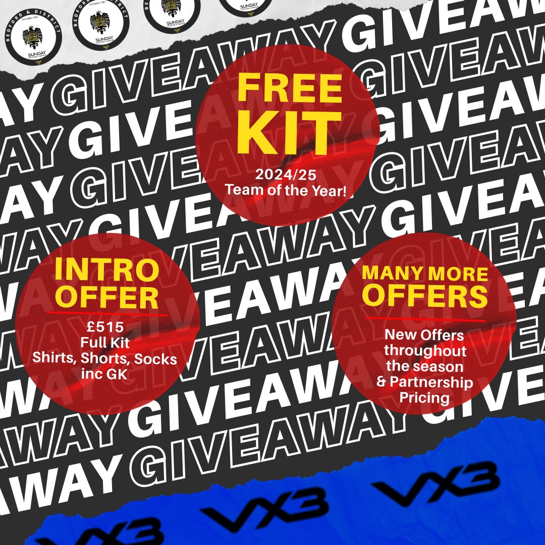 Absolutely buzzing to share a partnership with <a href="/VX3apparel/">VX3</a> 

Team of the Year = A FreeKit (worth £1k)
including this season

To launch this, all clubs can get;

£515
15 Elite SS Shirt
16 Elite Shorts
16 Bespoke Socks
1 Elite LS GK Shirt

Just quote Bedford &amp; District Sunday FL