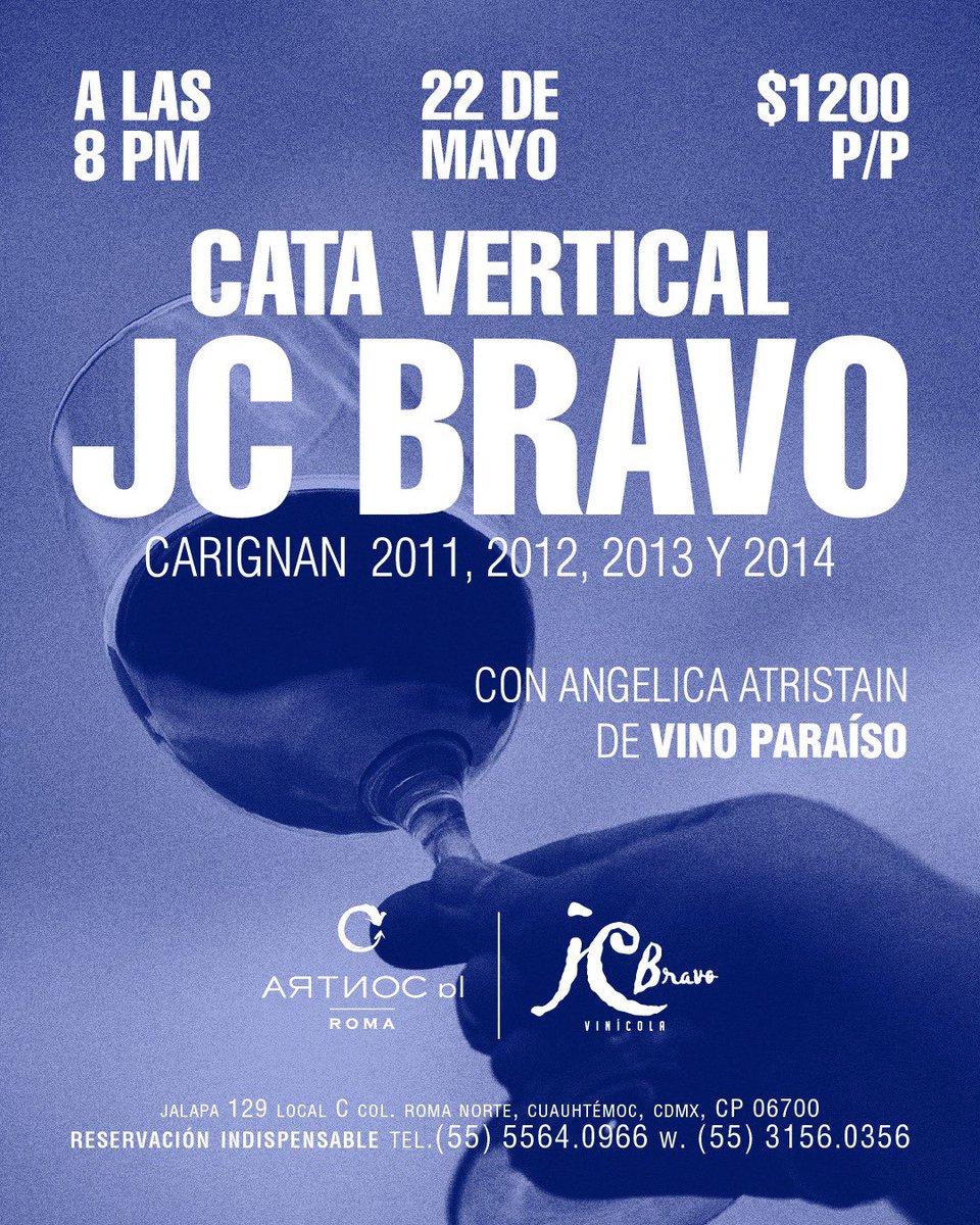 Te apasiona el vino mexicano?
Acompáñanos el 22 de mayo en una cata vertical exclusiva de la vinícola JC Bravo del Valle de Guadalupe.
Degustaremos las añadas 2011, 2012, 2013 y 2014.
Una experiencia única para descubrir la evolución de un gran vino.
Cupos limitados. ¡Reserva ya!